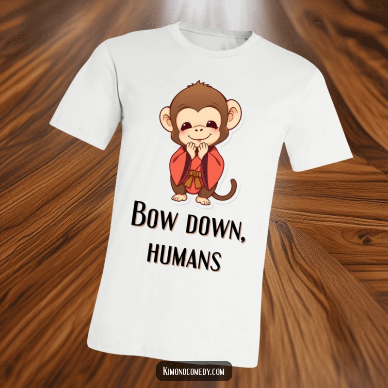 Funny t-shirt depicting a monkey in a kimono bowing deeply with a polite smile, conveying respect and lightheartedness.