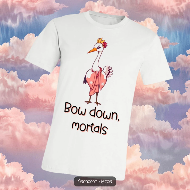 Funny t-shirt featuring a graceful kawaii crane in an elegant kimono, executing a beautiful bow with a flourish, embodying class and humor.