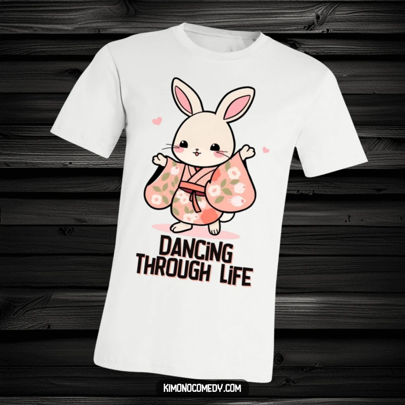 Funny Kawaii rabbit adorned in a blooming floral kimono, dancing with grace and a happy smile, on this lively t-shirt.