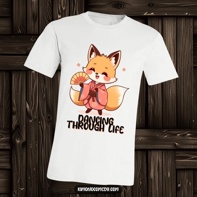 Funny kawaii fox t-shirt, in a vibrant kimono, performing an energetic fan dance with a joyful and lively demeanor.