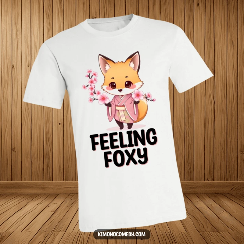 Funny Fox Kimono T-Shirt featuring a chic fox in a silk kimono, gently offering a single cherry blossom.