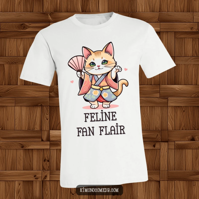 Funny t-shirt depicting a cat in a colorful kimono doing a dramatic fan dance, conveying elegance and a touch of humor.
