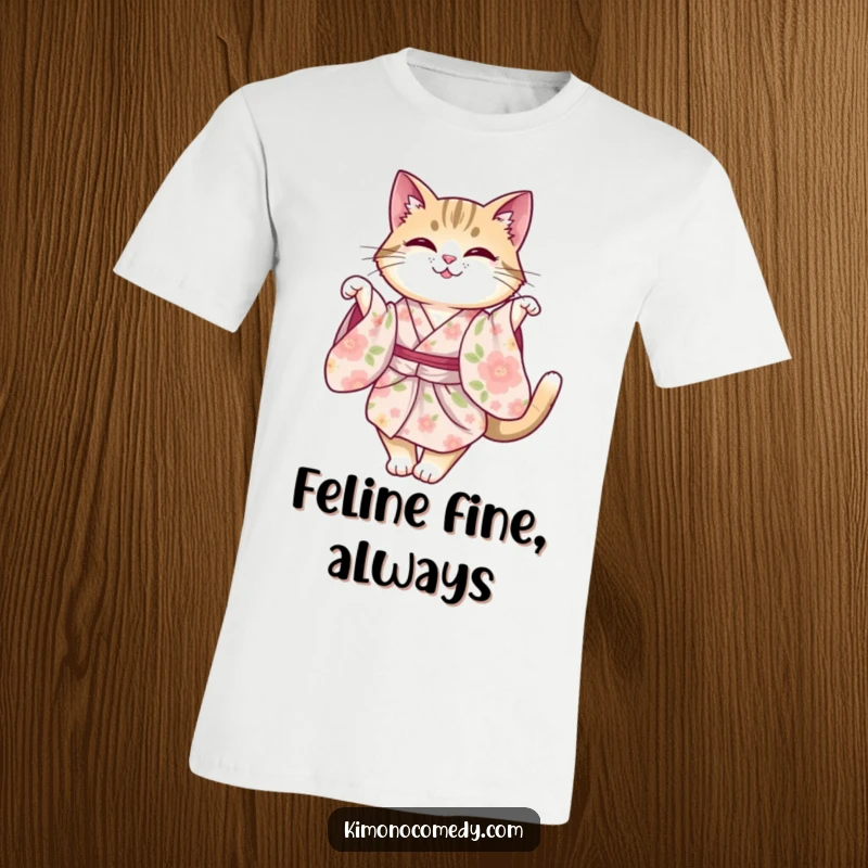 Funny cat in a floral kimono, captured mid-twirl with grace and charm. A delightful and humorous t-shirt.