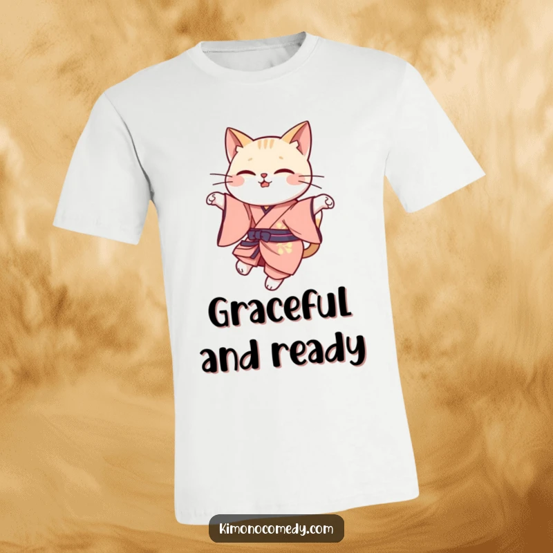 Funny cat leap t-shirt featuring a cute kawaii cat in elegant kimono attire, captured mid-graceful leap, exuding style.