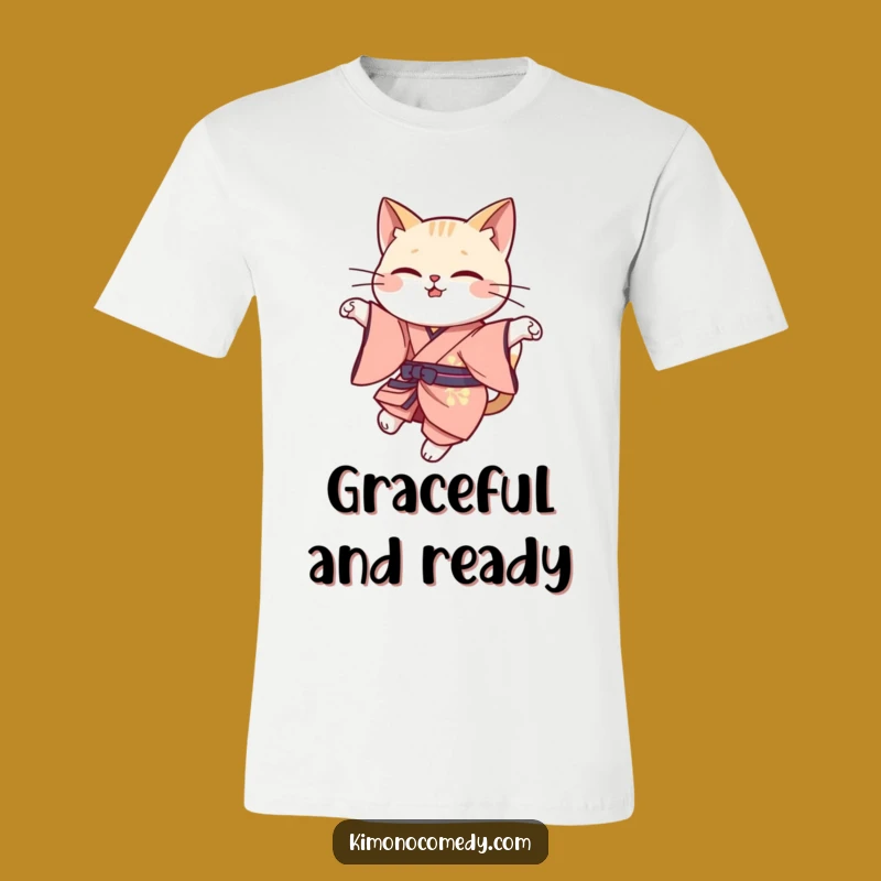 Funny Cat Leap T-Shirt: Kawaii Elegant Kimono Tee, Graceful Cat Pose Shirt