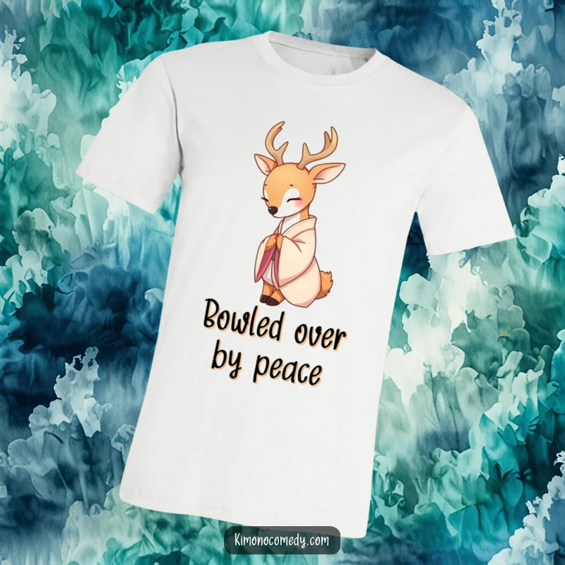 Funny cotton t-shirt featuring a serene deer in a delicate silk kimono, gracefully executing a respectful and elegant bow.
