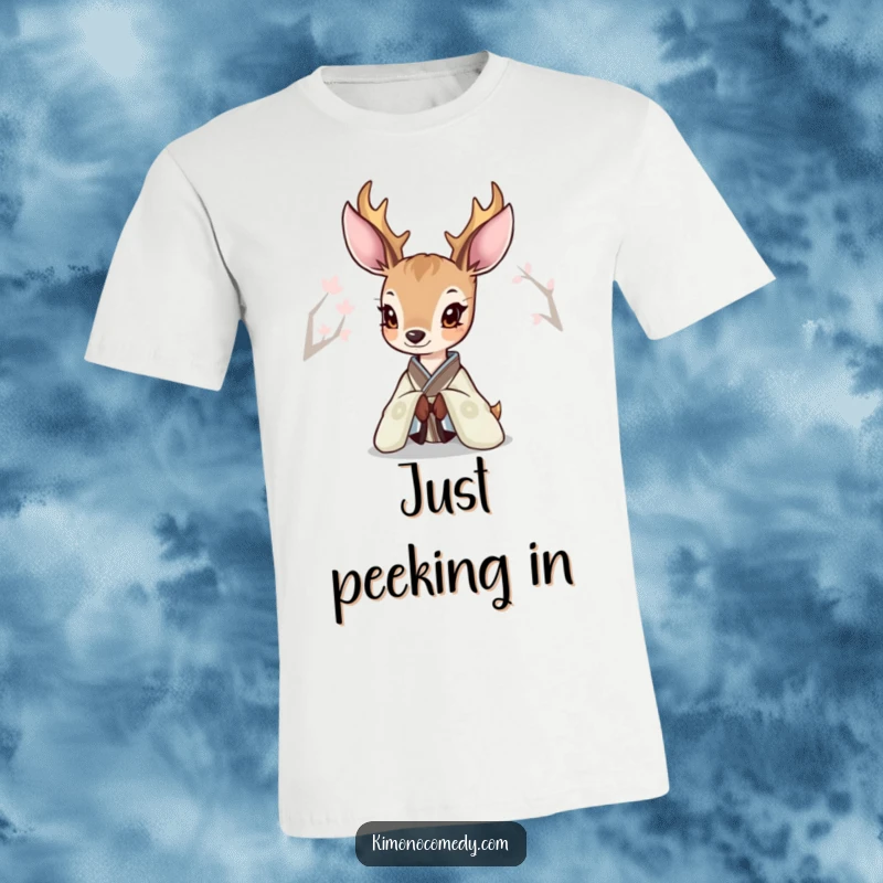 Funny Deer Kimono T-Shirt featuring a deer with curious eyes peeking out from an elegant, detailed kimono.