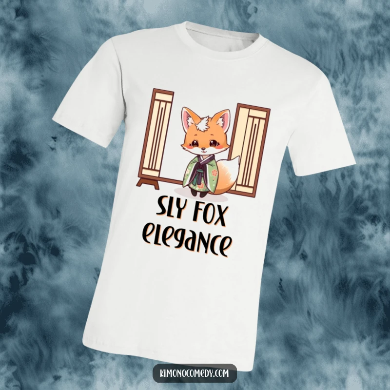 Funny t-shirt depicting an elegant fox in a kimono playfully peeking from behind a paper screen, combining mystery and humor.