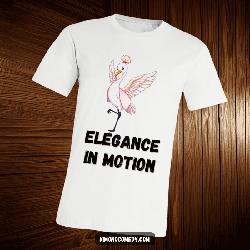 Funny crane in a flowing kimono performing a gentle dance, elegant cartoon t-shirt, serene animal, hilarious gift idea.