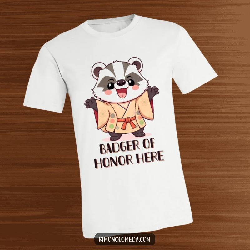 Funny Kawaii Badger T-Shirt: A cute badger in a kimono poses triumphantly, radiating confidence and playful humor.