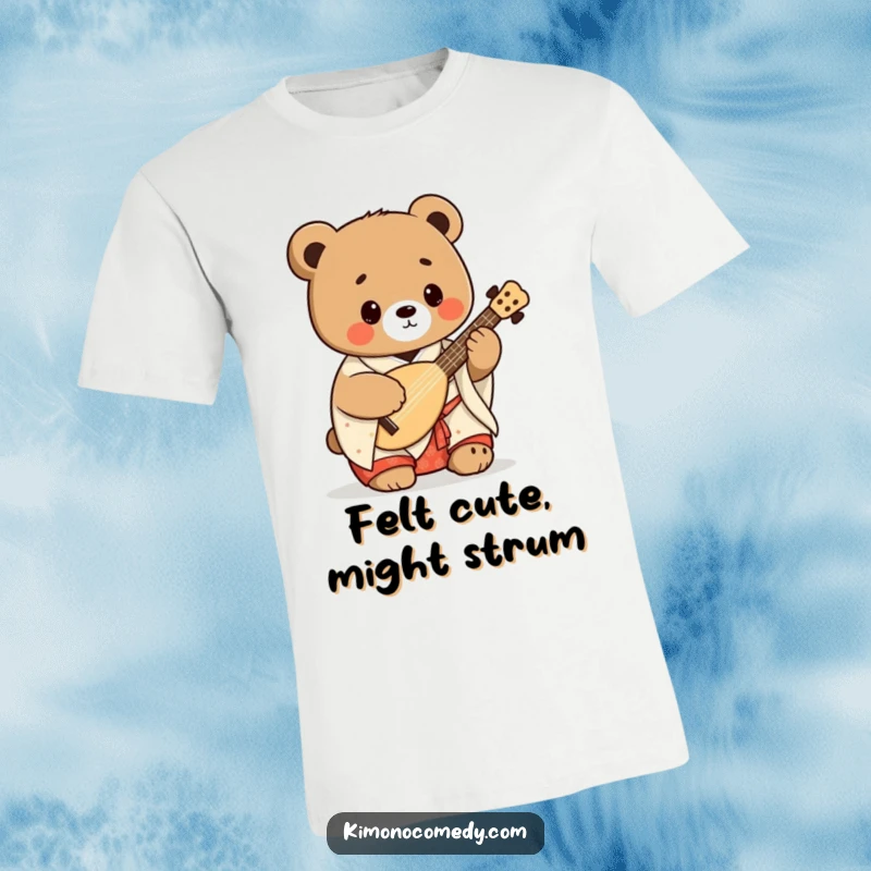 Funny kawaii bear wearing a kimono, strumming a shamisen on a t-shirt, a humorous and artistic depiction of Japanese culture.