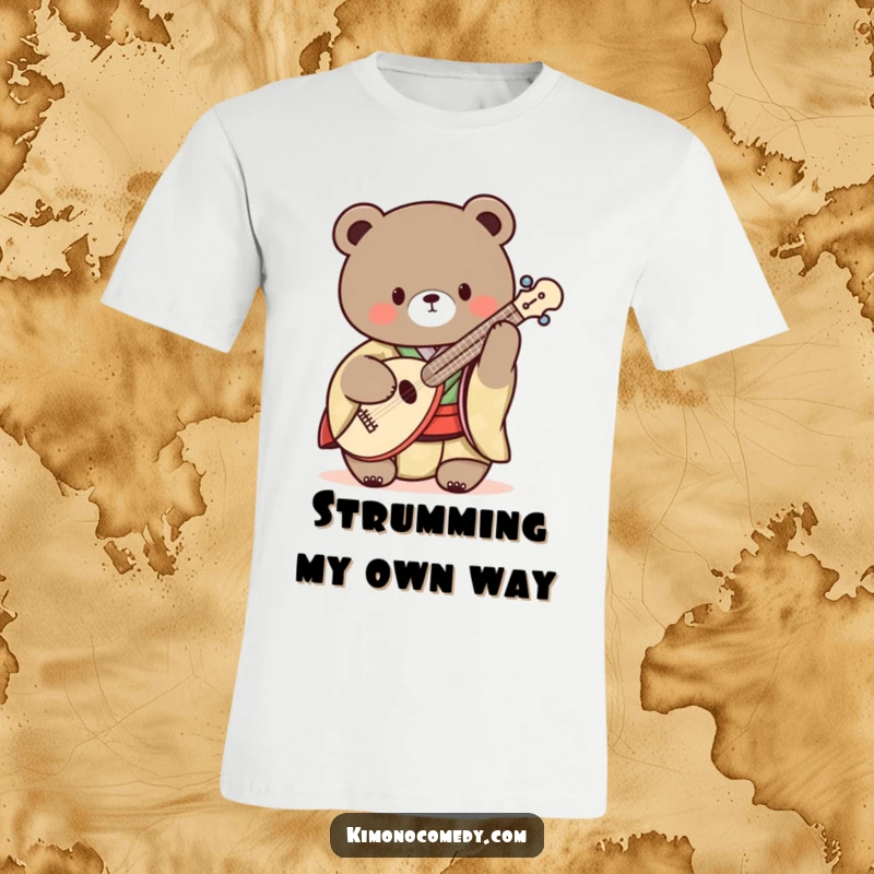 Funny Kawaii Bear T-Shirt: A bear in a traditional kimono playing a shamisen, a humorous and stylish tee for music lovers.