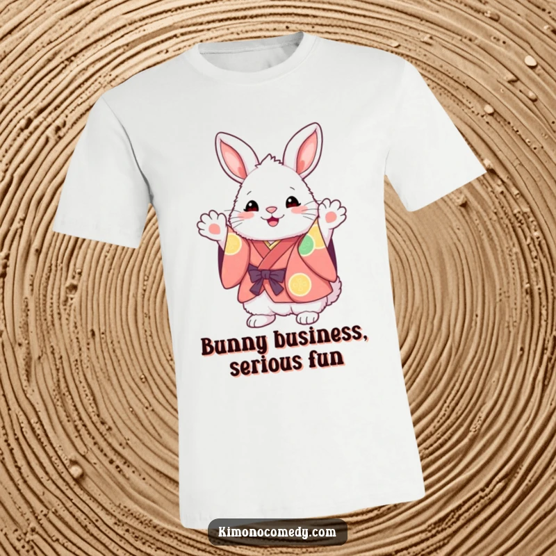 Funny Kawaii Bunny T-Shirt: Fluffy character in a vibrant kimono, excitedly waving paws, making it a delightful and playful clothing item.