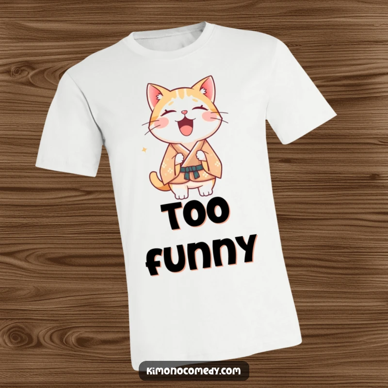 Funny Kawaii cat t-shirt, dressed in a formal kimono, bursting into hearty laughter, humorous and contagious feline expression.