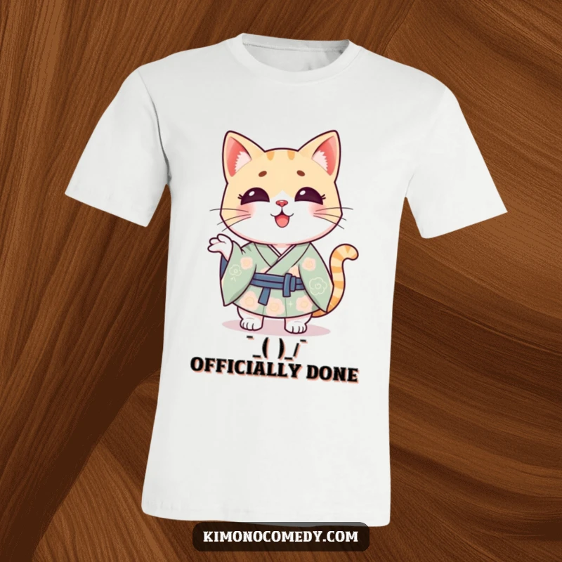 Funny Kawaii cat in a patterned kimono, playfully shrugging, showcasing a cool and indifferent expression on a t-shirt.