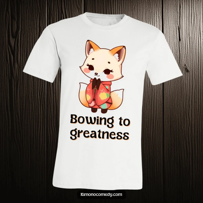 Funny Kawaii fox dressed in an ornate kimono, bowing politely with a cheerful smile, on this stylish t-shirt.