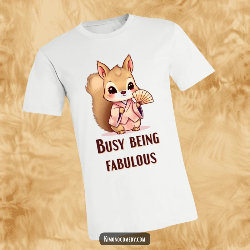 Funny Kawaii Squirrel T-Shirt: Curious character in a patterned kimono, holding a delicate fan, perfect for adding whimsical style.