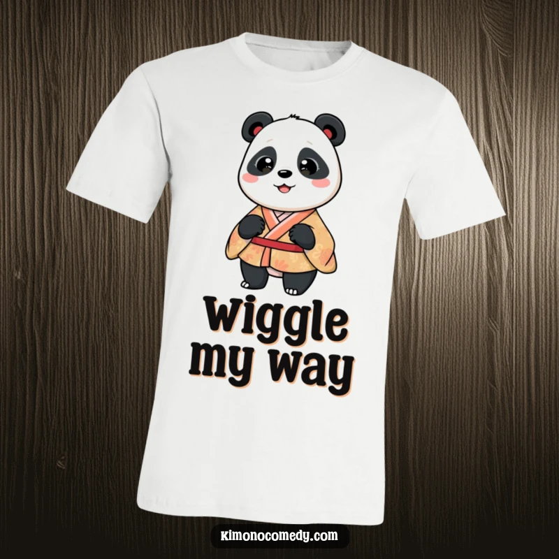Funny panda in a patterned kimono, captured mid-silly wiggle. A fun and humorous t-shirt design.