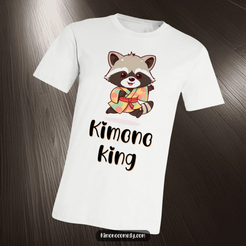 Funny raccoon t-shirt featuring a mischievous creature in a bright kimono, captured mid-hop with infectious excitement.