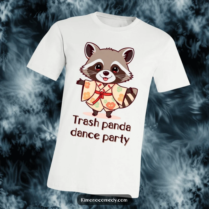 Funny raccoon in a festive kimono, dancing joyfully, printed on a t-shirt, representing celebration and lighthearted fun.