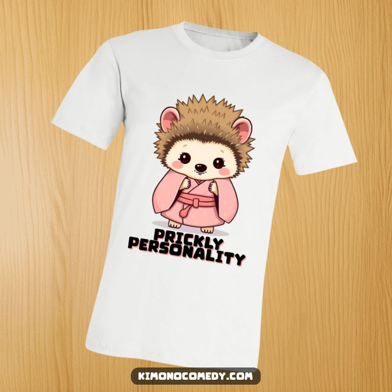 Funny Hedgehog Kimono T-Shirt: A shy hedgehog in a kimono peeking out from behind its quills, a humorous representation of social awkwardness.