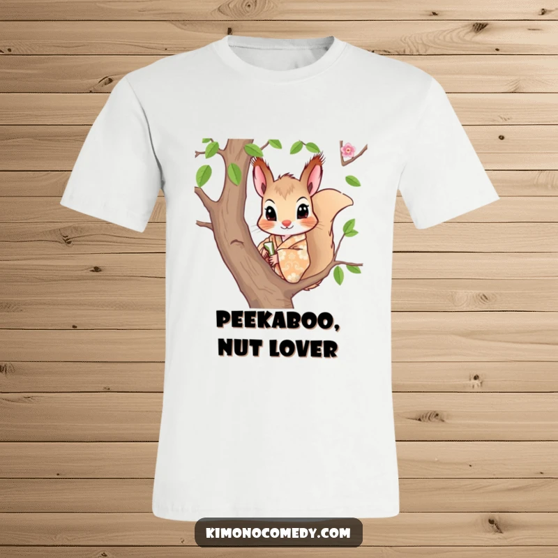 Funny T-Shirt featuring a curious squirrel in a patterned kimono, peeking from a tree branch with intrigue.