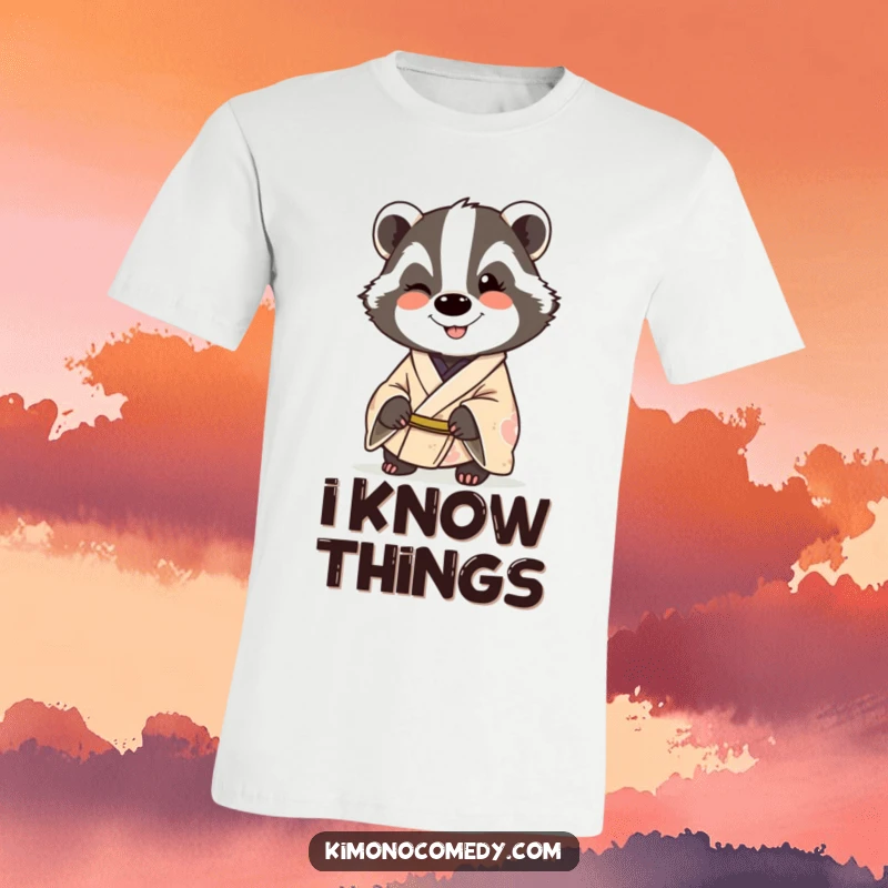 Funny badger in a kimono, smiling and winking, printed on a t-shirt, representing sly humor and playful personality.