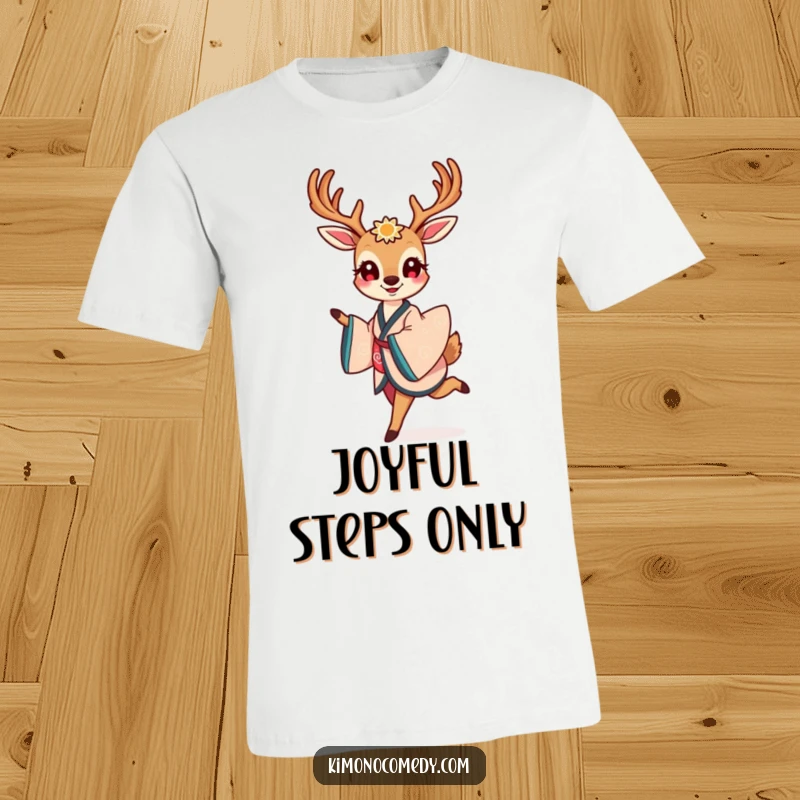 Funny t-shirt showcasing a smiling kawaii deer adorned in an elegant kimono, prancing with delightful grace and charm.