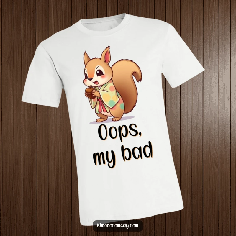 Funny t-shirt featuring a startled kawaii squirrel in a colorful kimono, its eyes wide as it drops an acorn, capturing a humorous moment.