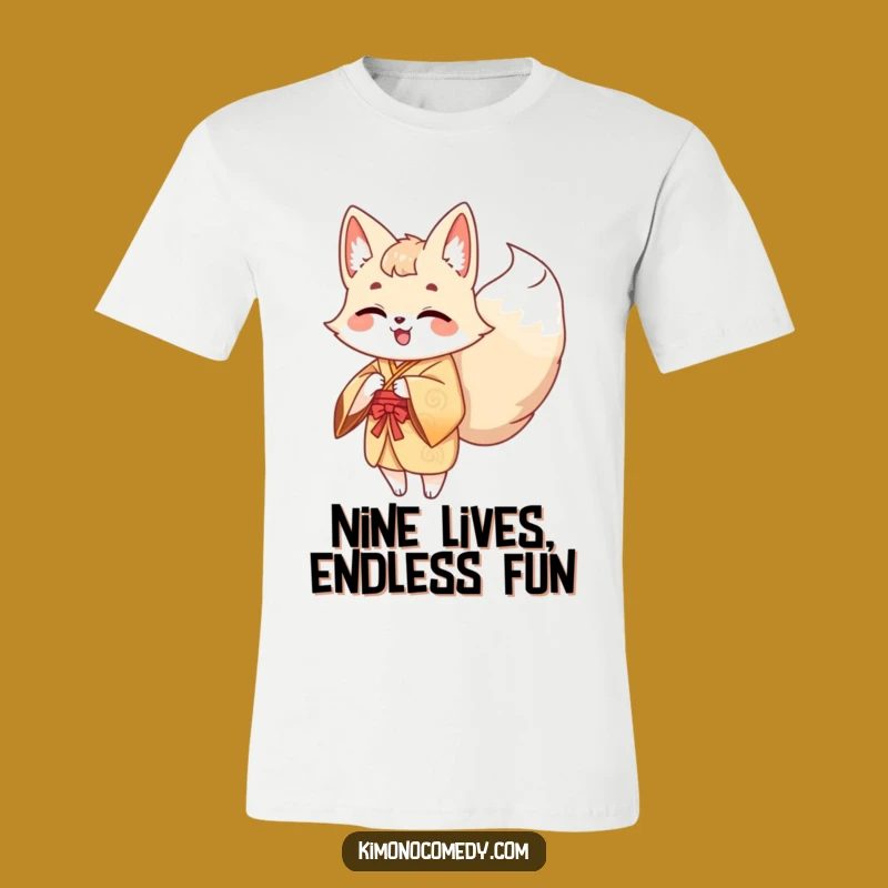 Funny Kawaii Kitsune T-Shirt - Giggling Multi-Tailed Fox in Kimono for Laughs