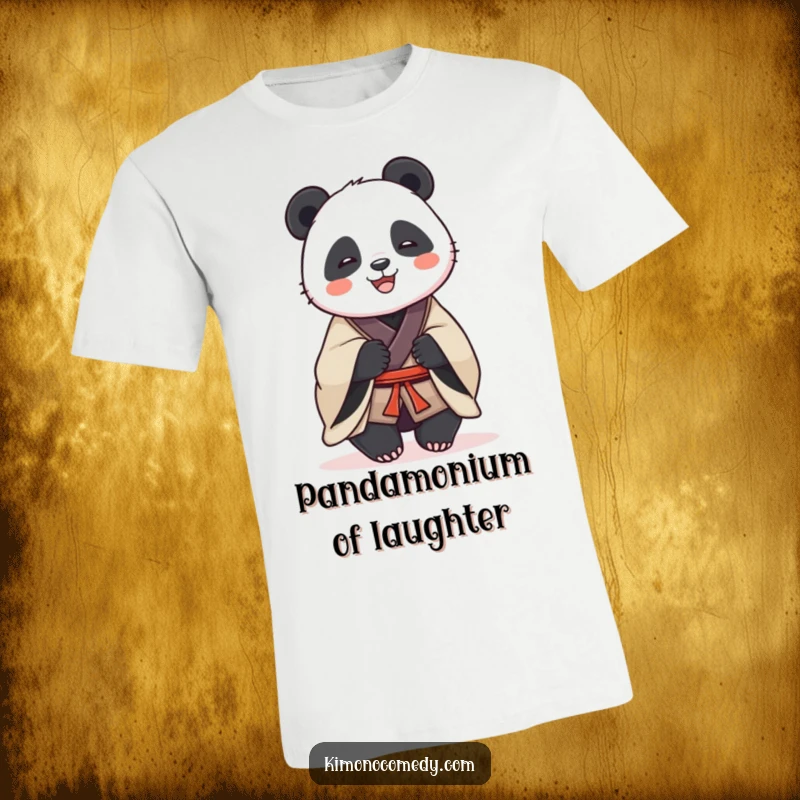 Funny t-shirt illustrating a dignified panda in a traditional kimono, sharing a joyful, hearty laugh, exuding warmth and good humor.