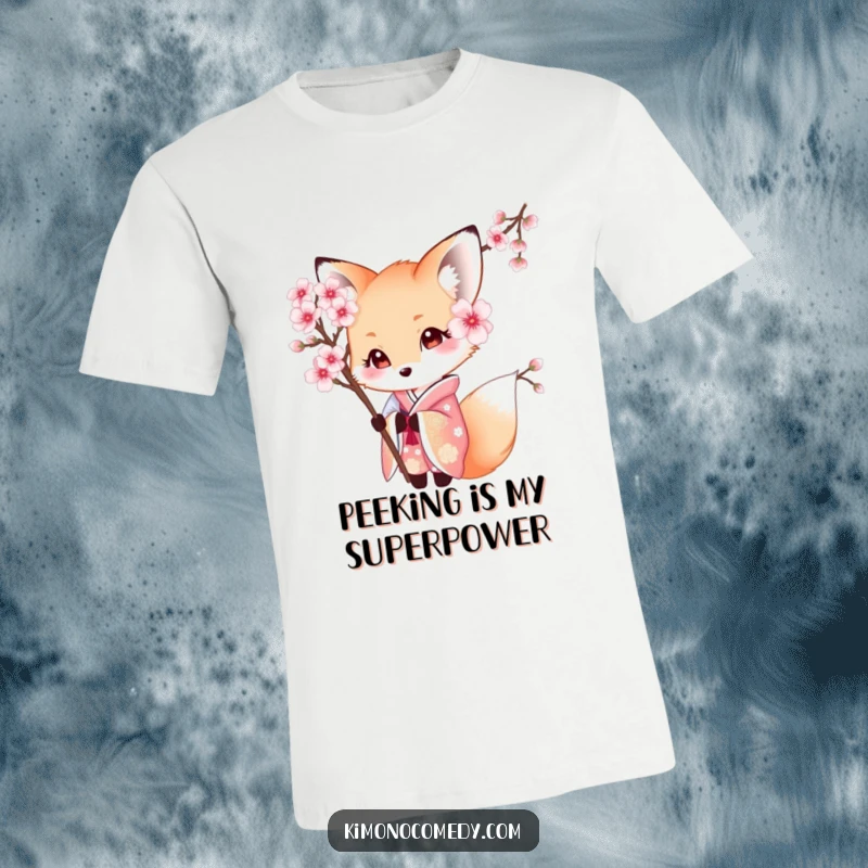 Funny Kawaii Fox T-Shirt: Shy character in a beautiful kimono, peeking from behind a cherry blossom, offering subtle style and charm.