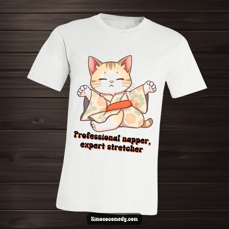Funny T-Shirt depicting an artistic cat in a patterned kimono, stretching lazily with grace and effortless style.
