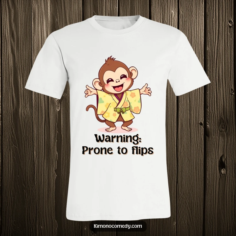 Funny T-Shirt featuring a joyful monkey in a bright kimono doing a silly flip, radiating boundless energy.