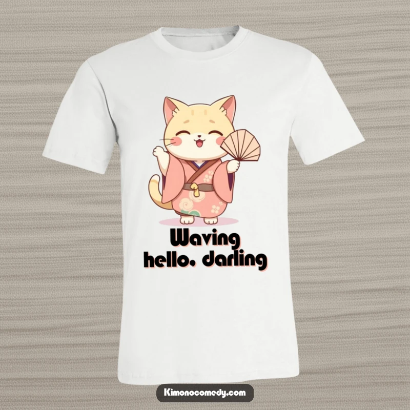 Funny cat fan t-shirt featuring a cute kawaii cat in a festive kimono, joyfully waving a fan with a happy expression.