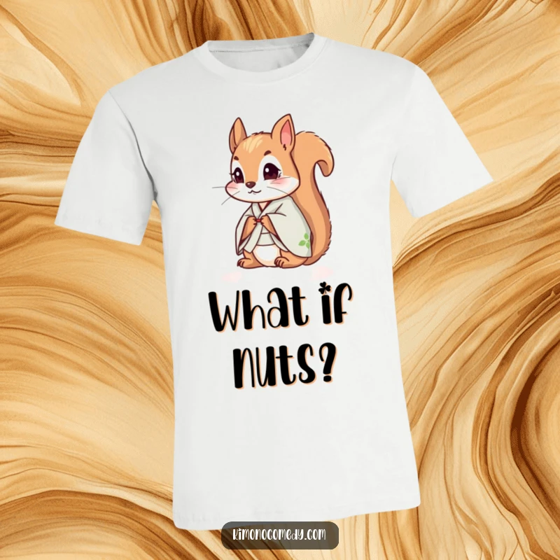Funny squirrel in a small kimono, looking curious, printed on a t-shirt, representing inquisitive spirit and lighthearted fun.