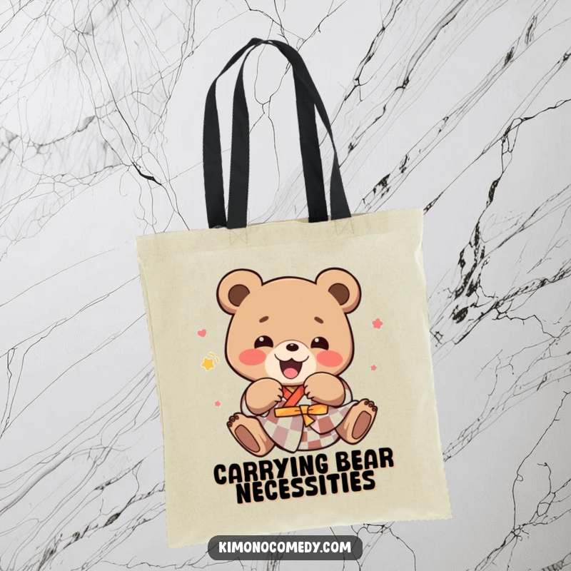 Funny kawaii bear in a checkered kimono, joyfully tumbling, printed on a durable tote bag for everyday use.