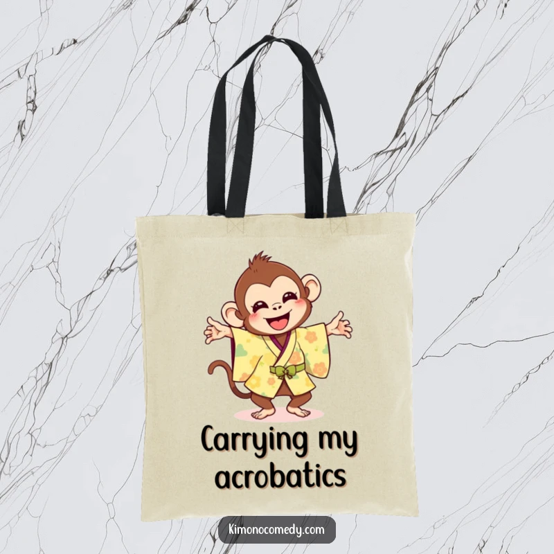 Funny tote bag with a joyful monkey in a bright kimono doing a silly flip, perfect for carrying essentials.