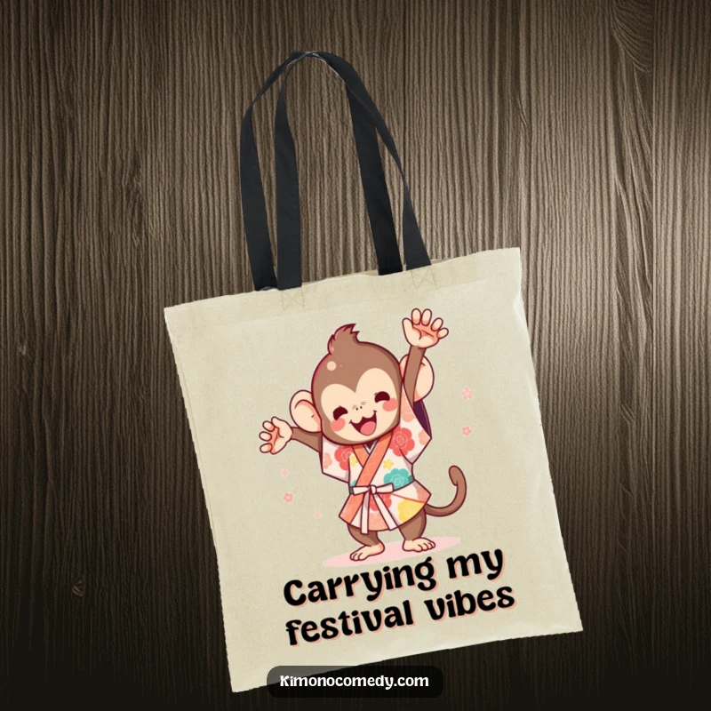 Funny Kawaii Monkey Tote Bag: A cute monkey wearing a kimono, captured mid-flip with joy.