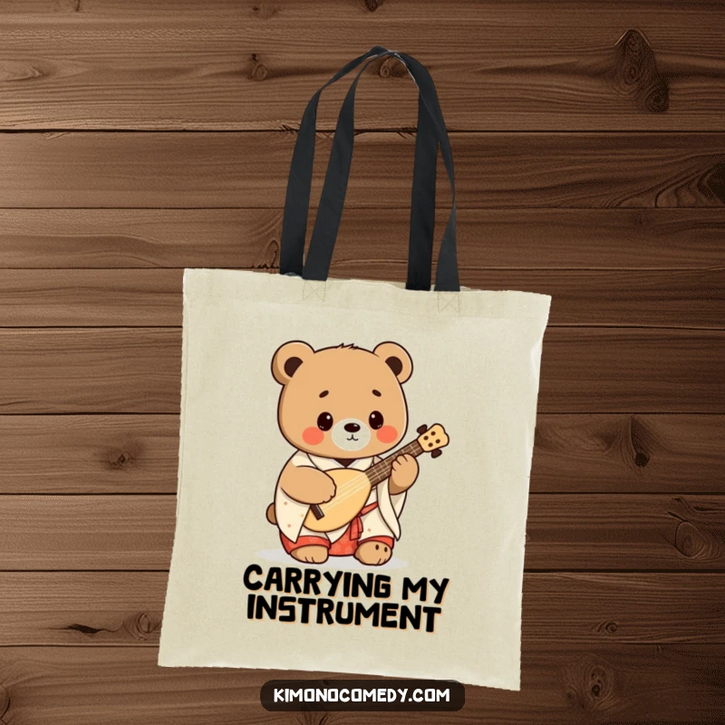 Funny kawaii bear in a kimono playing a shamisen, printed on a durable tote bag, showcasing a humorous and artistic Japanese theme.