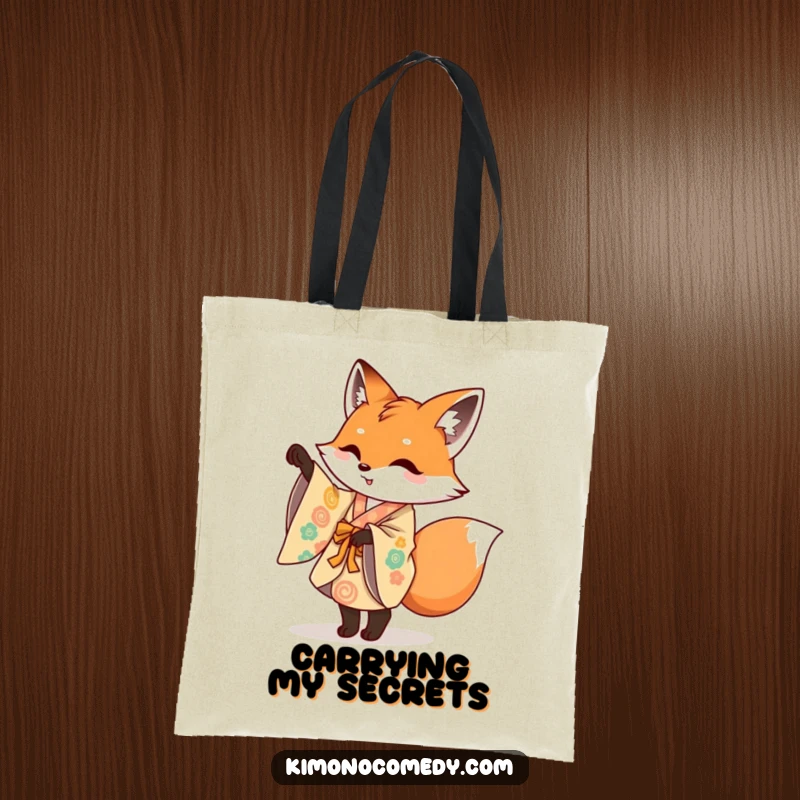 Funny tote bag featuring a mischievous fox in a colorful kimono doing a playful pirouette, perfect for carrying essentials with art.