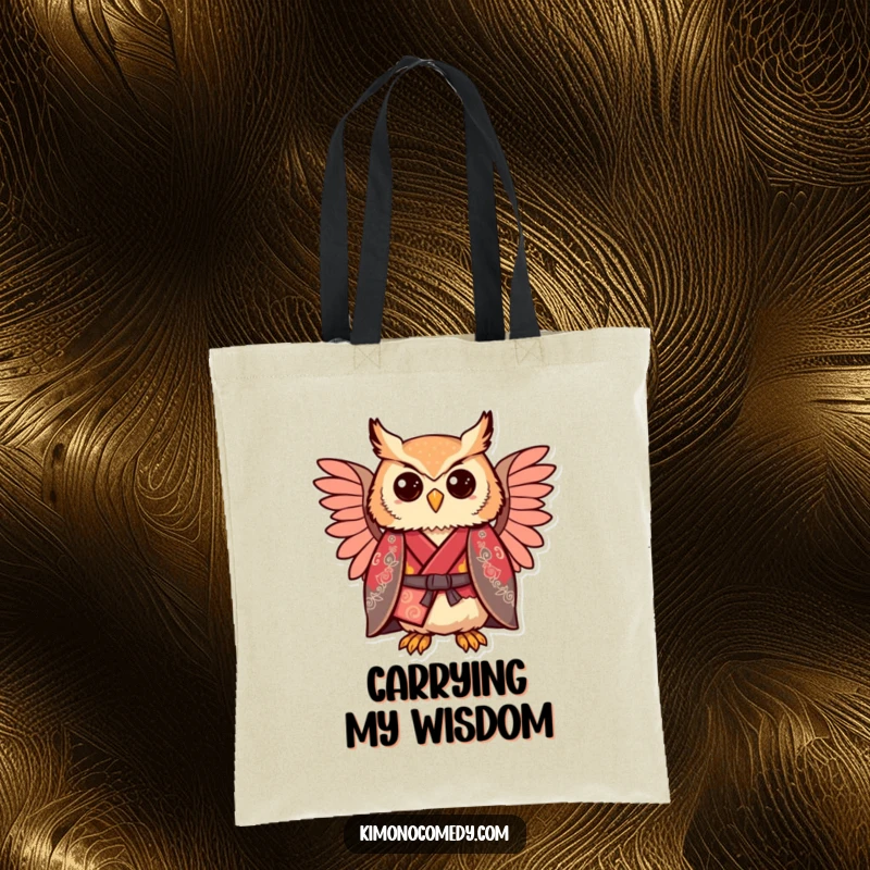 Funny kawaii owl wearing a regal kimono, comically proud expression, sturdy tote bag for shopping.