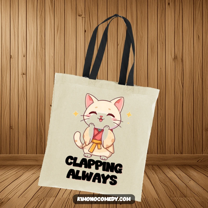 Funny Kawaii cat in a silk kimono clapping paws with excitement, durable and humorous tote bag for shopping and daily use.