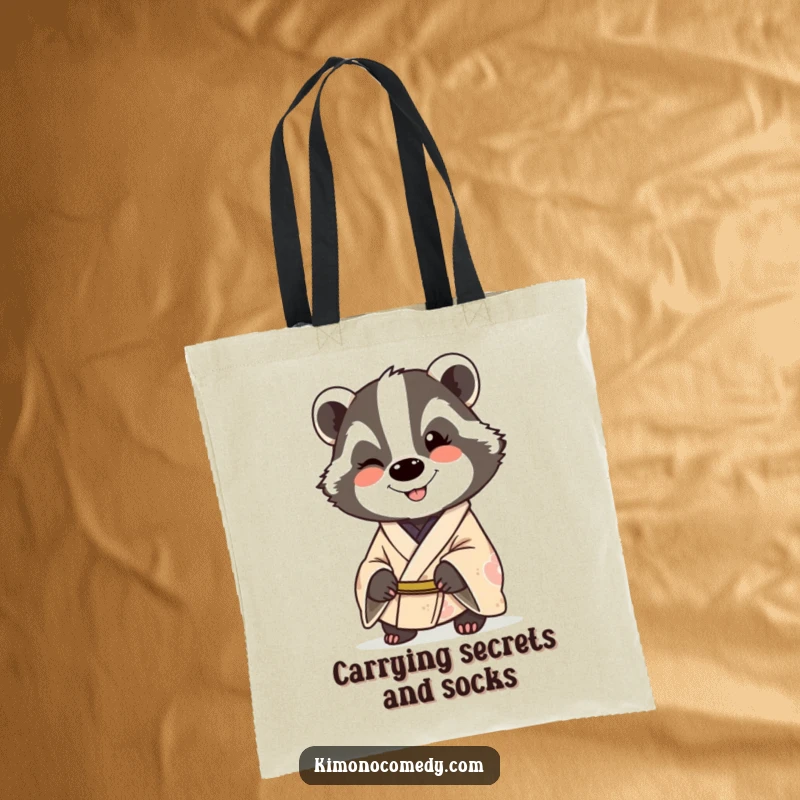 Funny badger in a kimono, smiling and winking, showcased on a durable tote bag for humorous and practical use.
