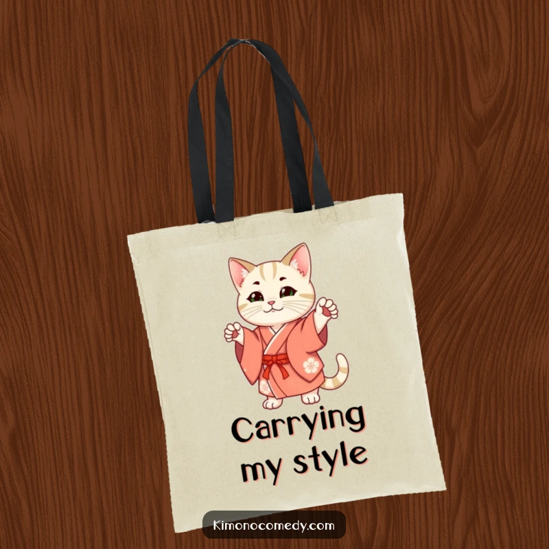 Funny Tote Bag: A fashionable cat in a traditional kimono strikes a confident pose, perfect for carrying essentials with feline grace.