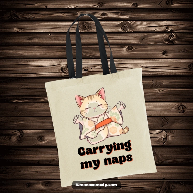 Funny tote bag featuring an artistic cat in a patterned kimono, stretching lazily, ideal for carrying items stylishly.