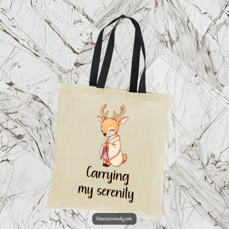 Funny canvas tote bag featuring a serene deer in a delicate silk kimono, gracefully bowing, perfect for carrying necessities with elegance.