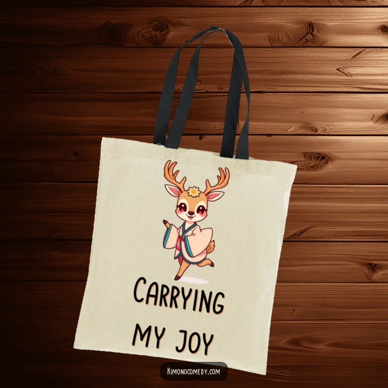 Funny tote bag featuring a smiling kawaii deer in an elegant kimono, gracefully prancing with a sense of pure delight.