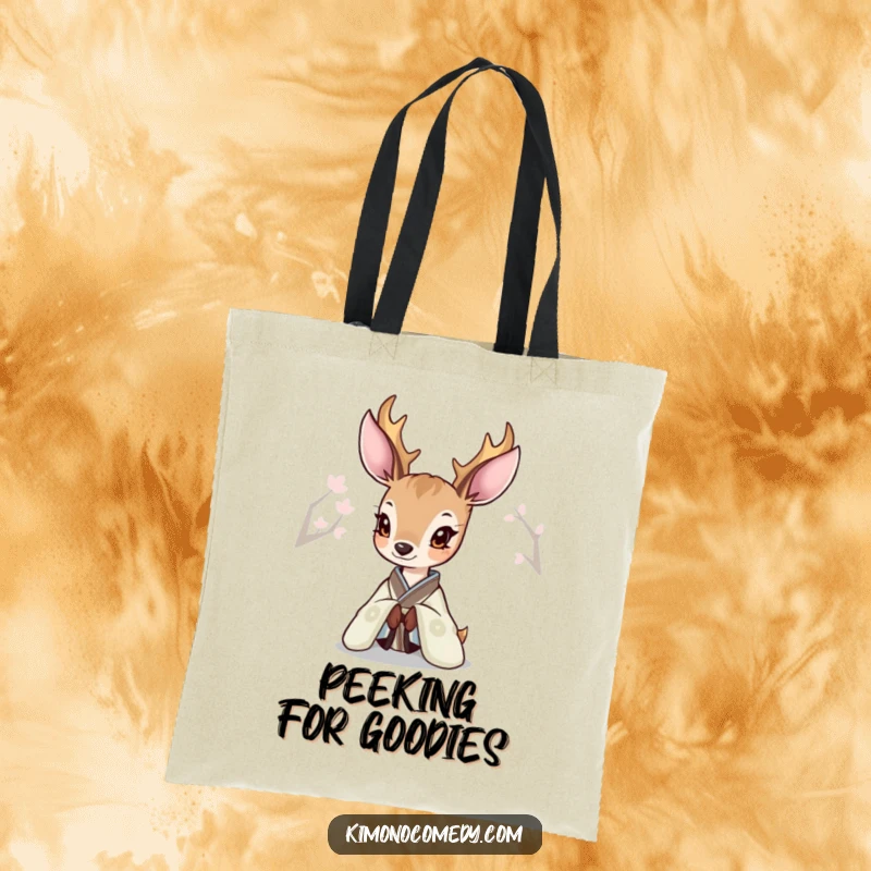 Funny Deer Kimono Tote Bag with a deer curiously peeking from an elegant kimono, perfect for stylish errands.