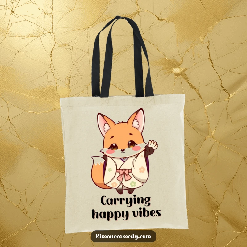 Funny Tote Bag: A happy fox in a flowing kimono waves cheerfully, perfect for carrying essentials with woodland charm and humor.